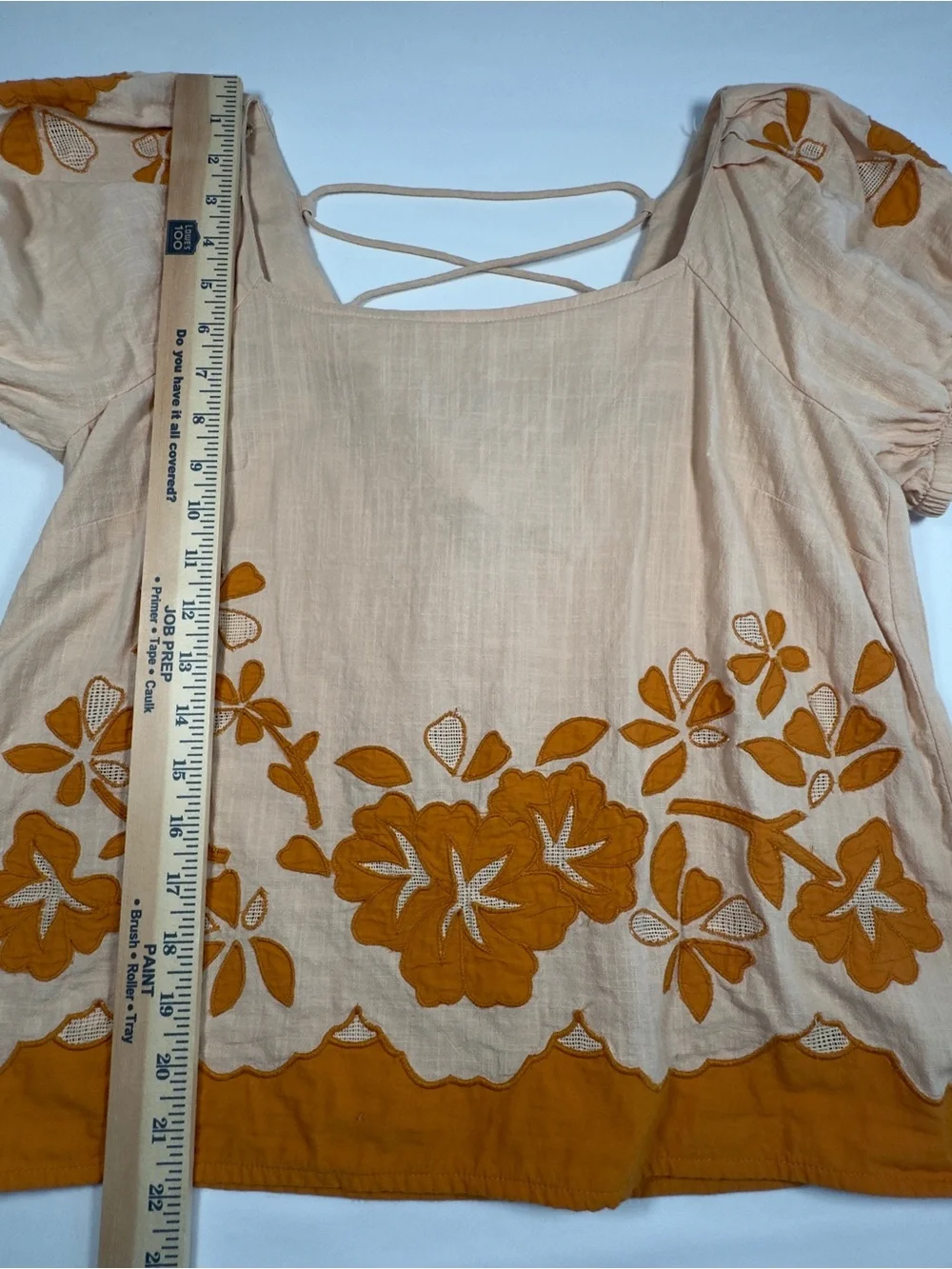 Madewell Orange Floral Embroidered Puff Sleeve Top Small Lace Up Back Rust Trim